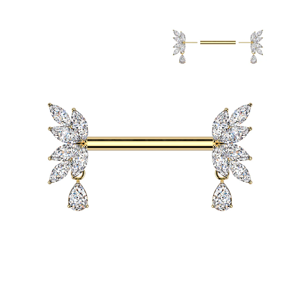 Pair Threadless Nipple Barbell Ring With Teardrop CZ Dangle - Image 3