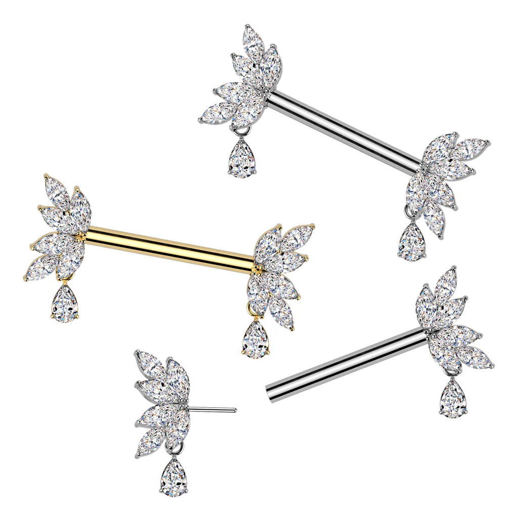 Pair Threadless Nipple Barbell Ring With Teardrop CZ Dangle - Image 4