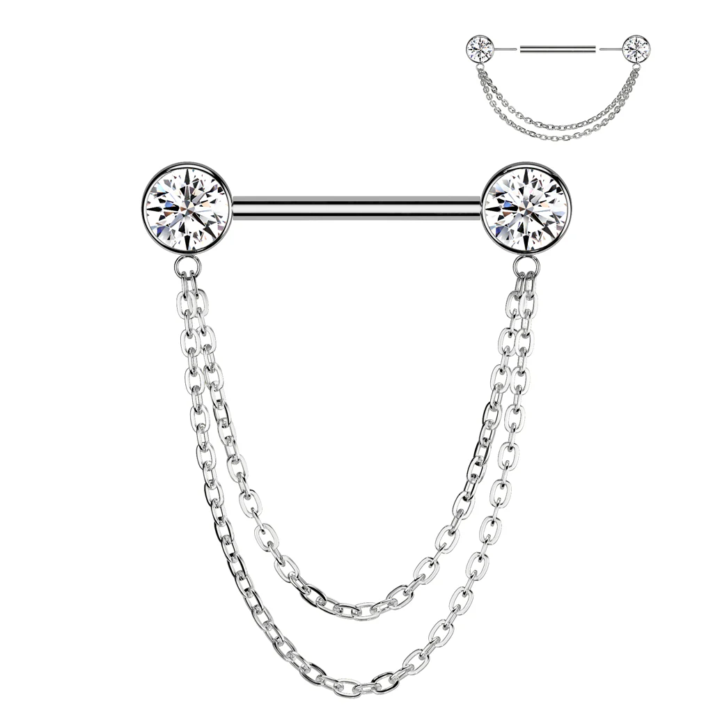 Pair Titanium Threadless Push in Nipple Barbell With CZ Double Chain Dangle - Image 5
