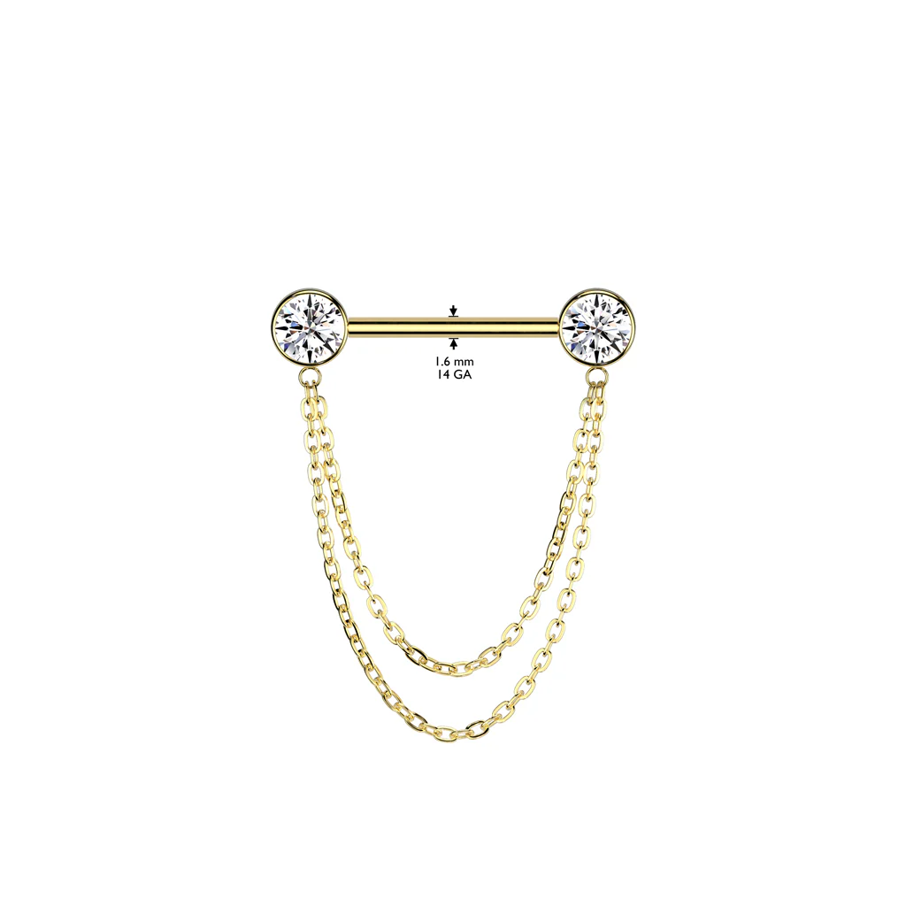 Pair Titanium Threadless Push in Nipple Barbell With CZ Double Chain Dangle - Image 6