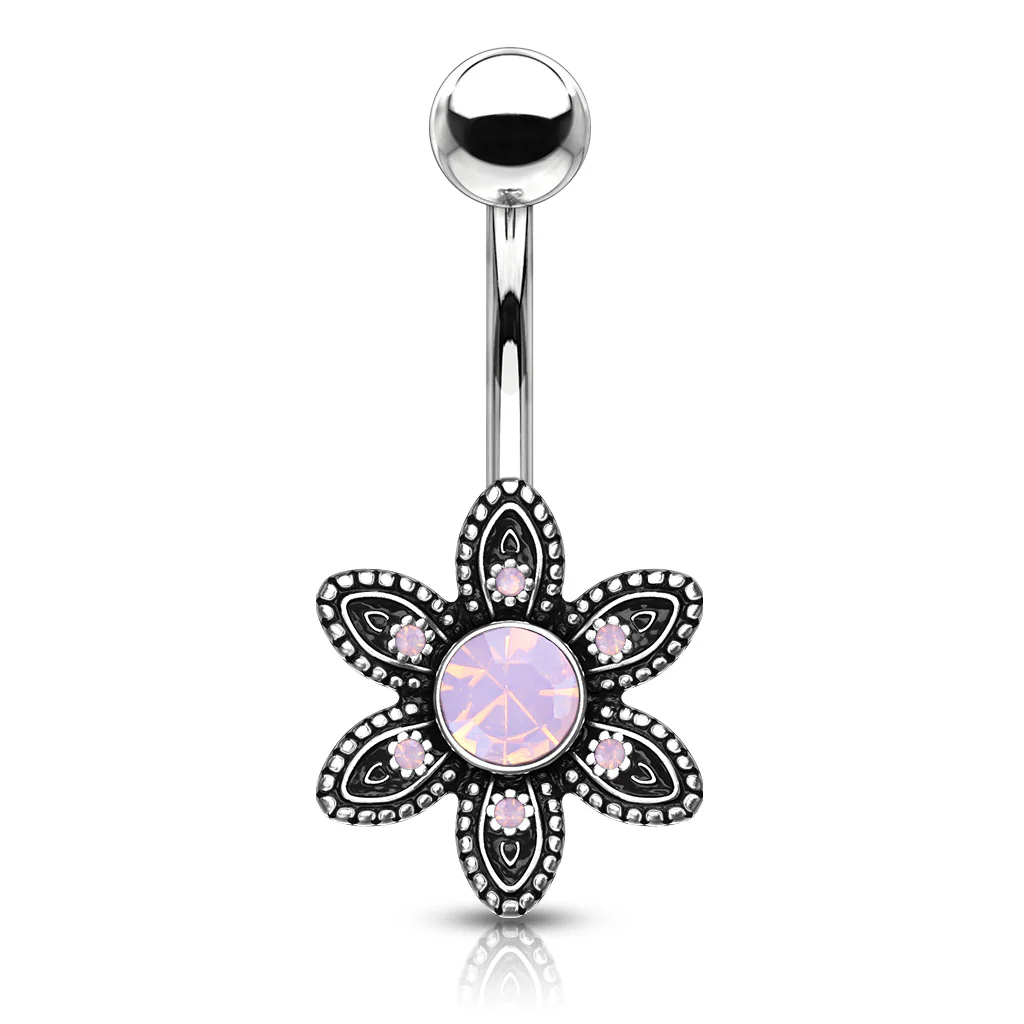 Pink Opalite Crystal Paved Flower Navel Belly Button Ring - Image 2