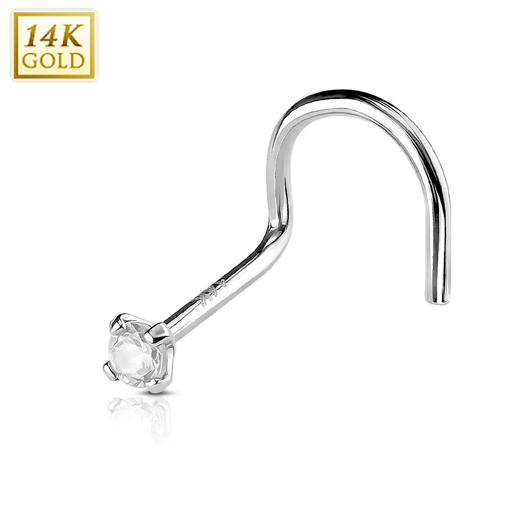 14Kt Solid Gold 2mm Prong Set CZ Nose Screw Ring 18G - Image 2