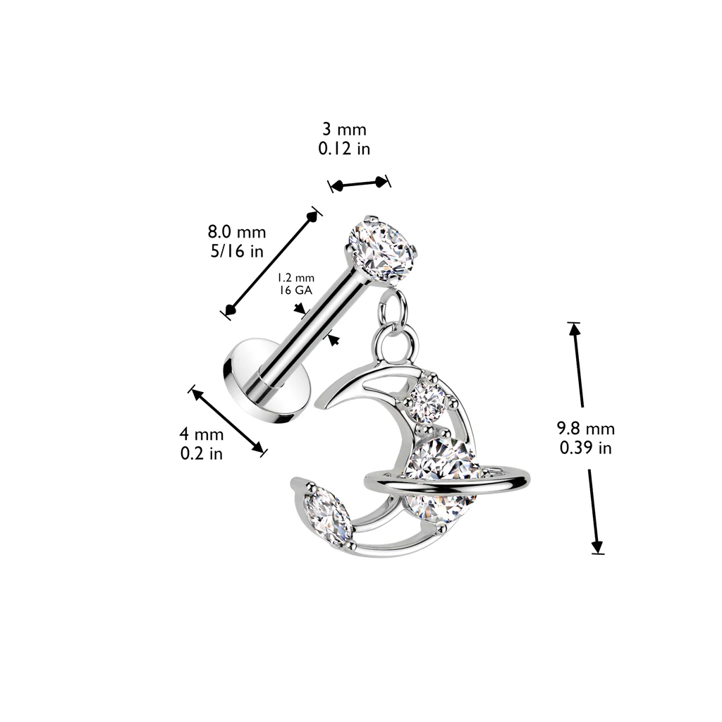 Prong Set CZ & Crescent Moon Dangle Labret Ear Cartilage Tragus - Image 4