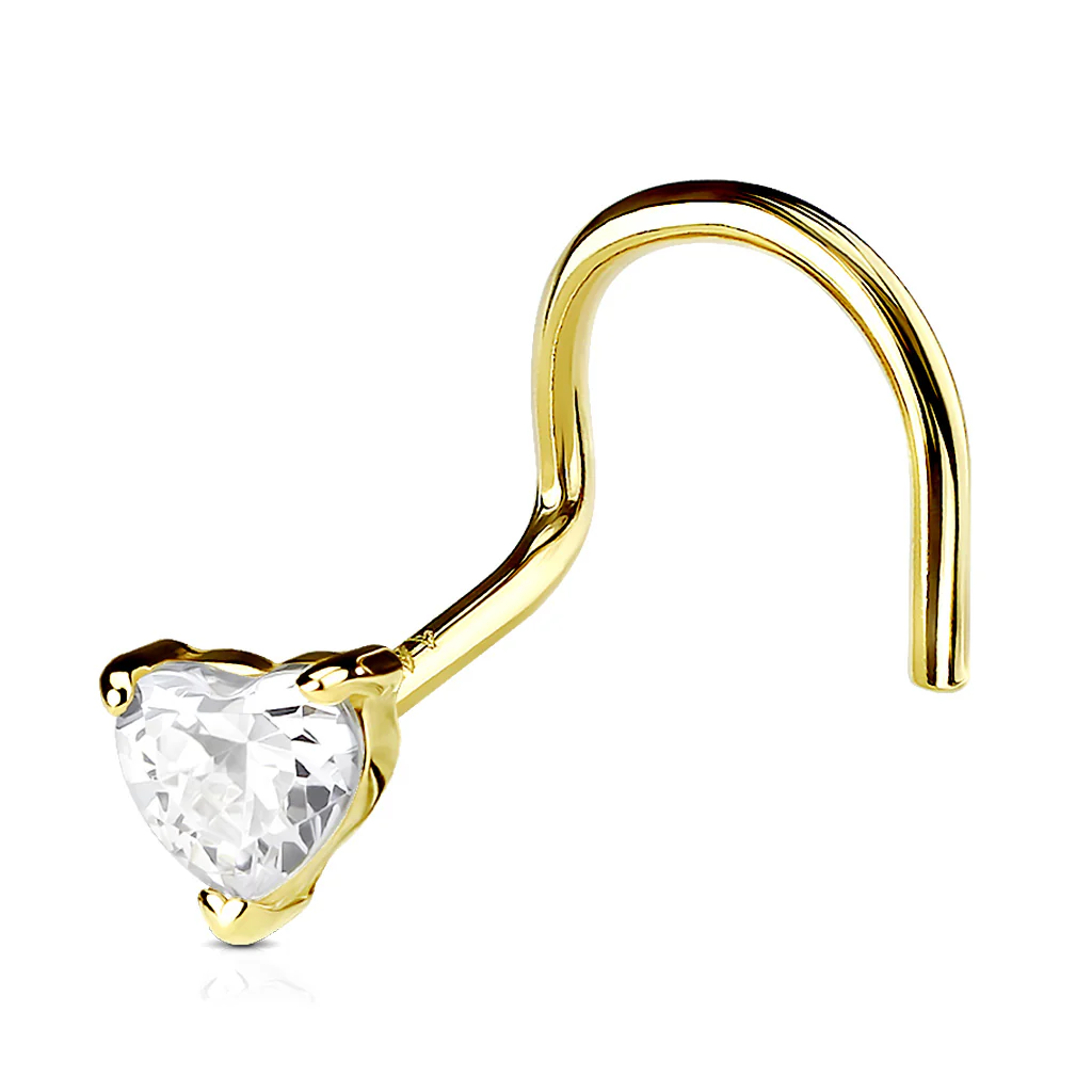14K Solid Gold Prong Set 3mm Heart CZ Top Nose Screw Ring - Image 6