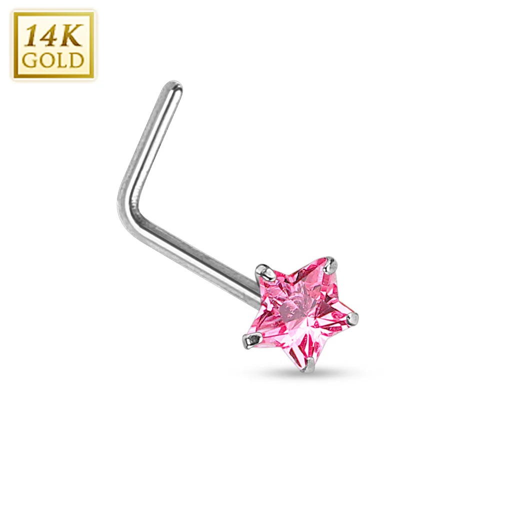 Prong Set Star CZ 14K White Solid Gold L Bend Nose Stud Ring - Image 3