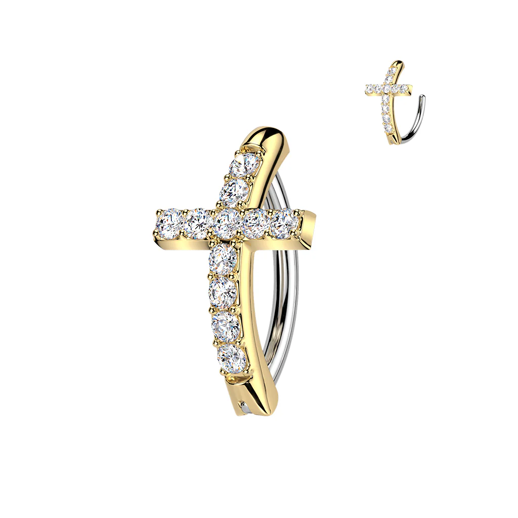 Surgical Steel Hinged Belly Button Ring With CZ Cross - Image 3