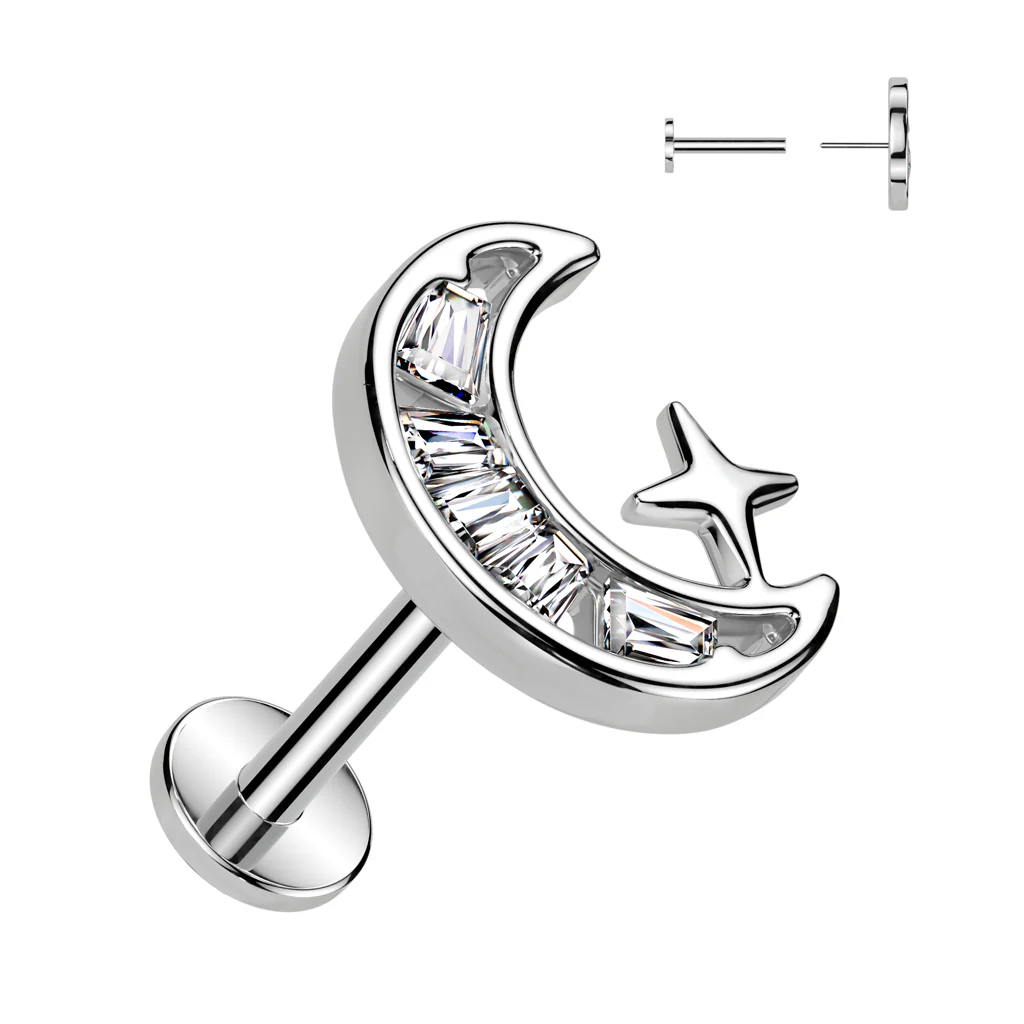 Threadless Push In CZ Crescent Moon Top Labret Tragus Snug Ear Cartilage Helix - Image 2