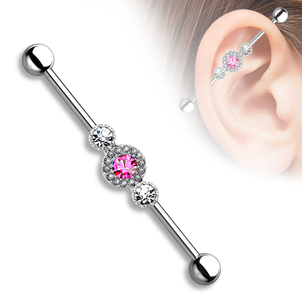 Three CZ Centered Multi Paved Circle Surgical Steel Industrial Barbell - Image 3