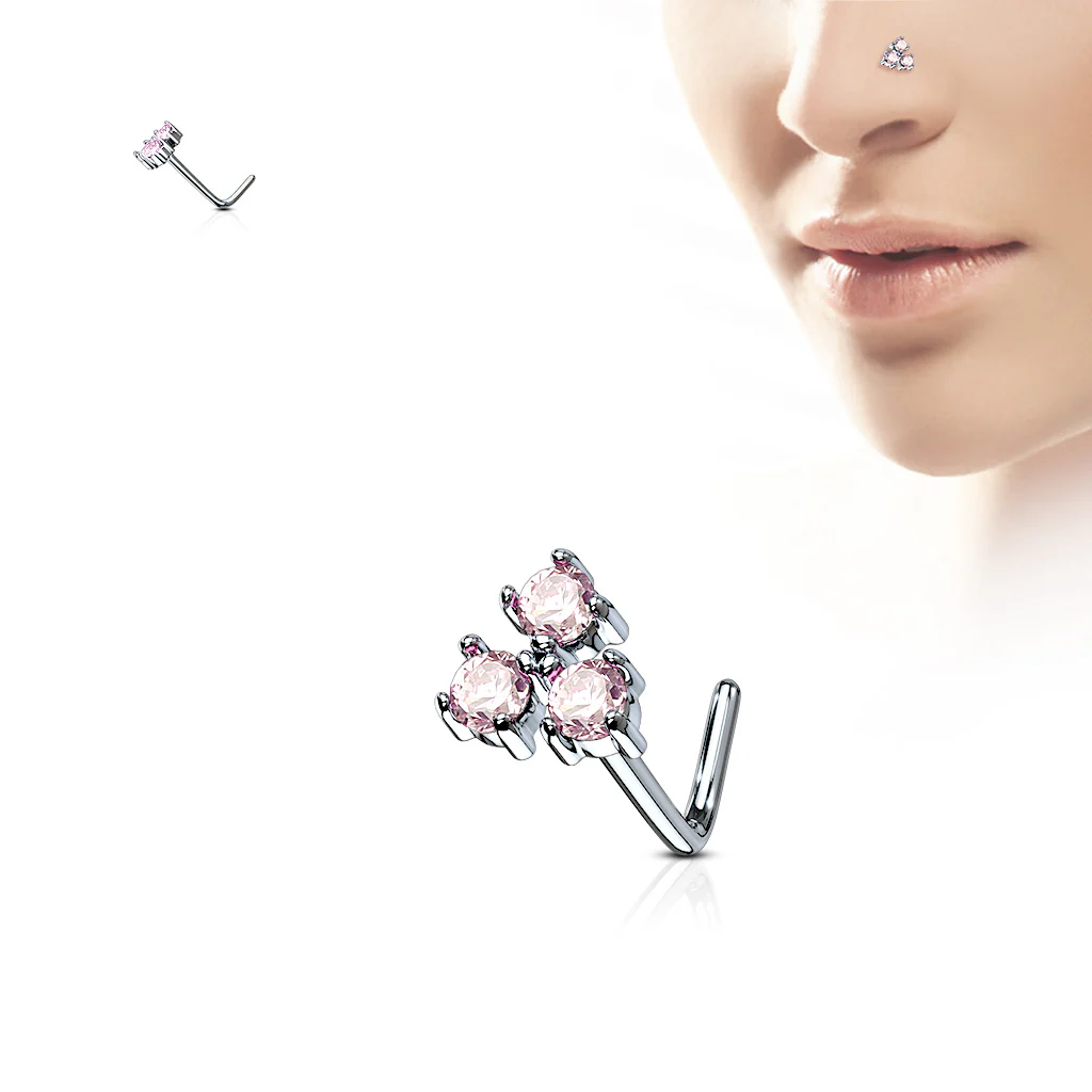 Three CZ Top Surgical Steel L Bend Nose Stud Rings - Image 3