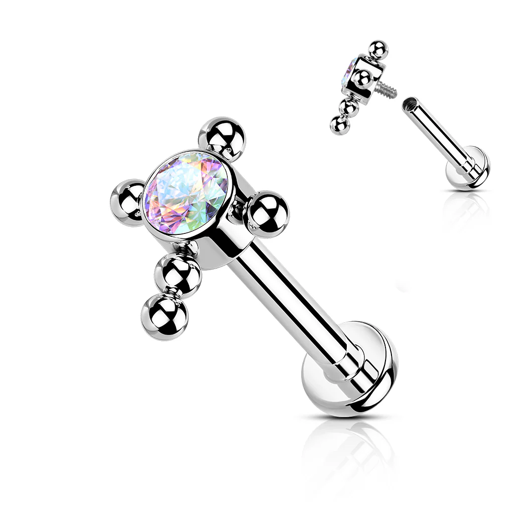 Titanium Bezel Set CZ Beaded Ball Cross Top Labret Ear Cartilage Tragus - Image 10