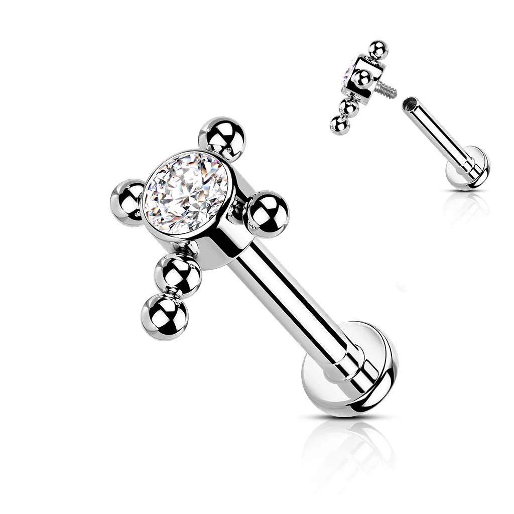 Titanium Bezel Set CZ Beaded Ball Cross Top Labret Ear Cartilage Tragus - Image 8