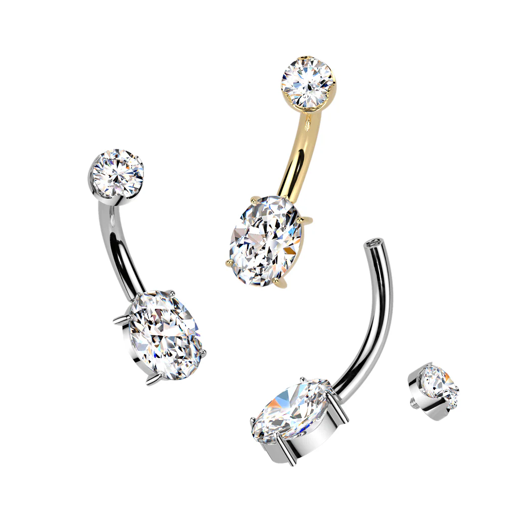 Titanium Double Prong Set Oval Moissanite Belly Button Ring - Image 3