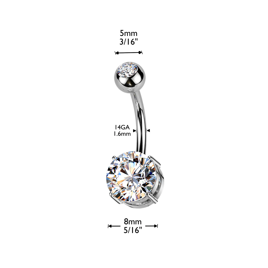 Titanium Internally Threaded Prong Round CZ Belly Button Ring - Image 2