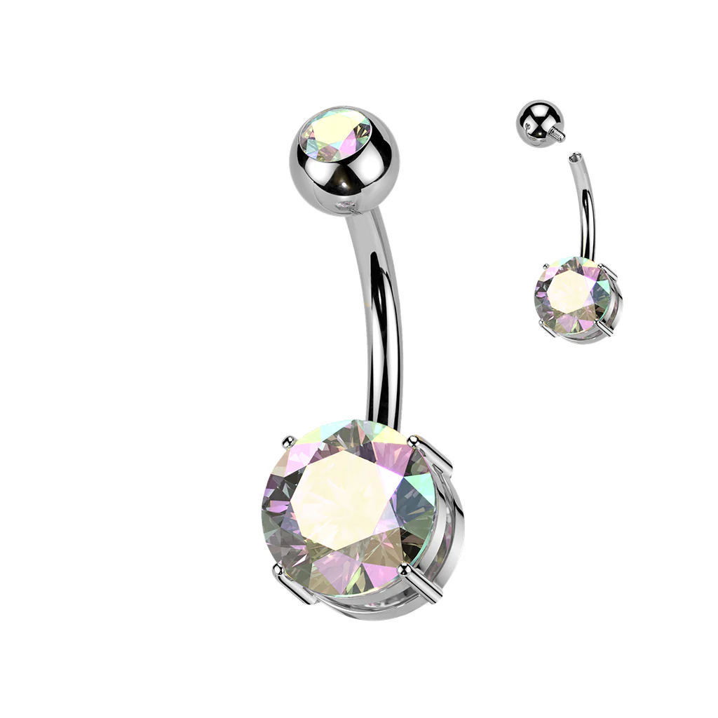 Titanium Internally Threaded Prong Round CZ Belly Button Ring - Image 3
