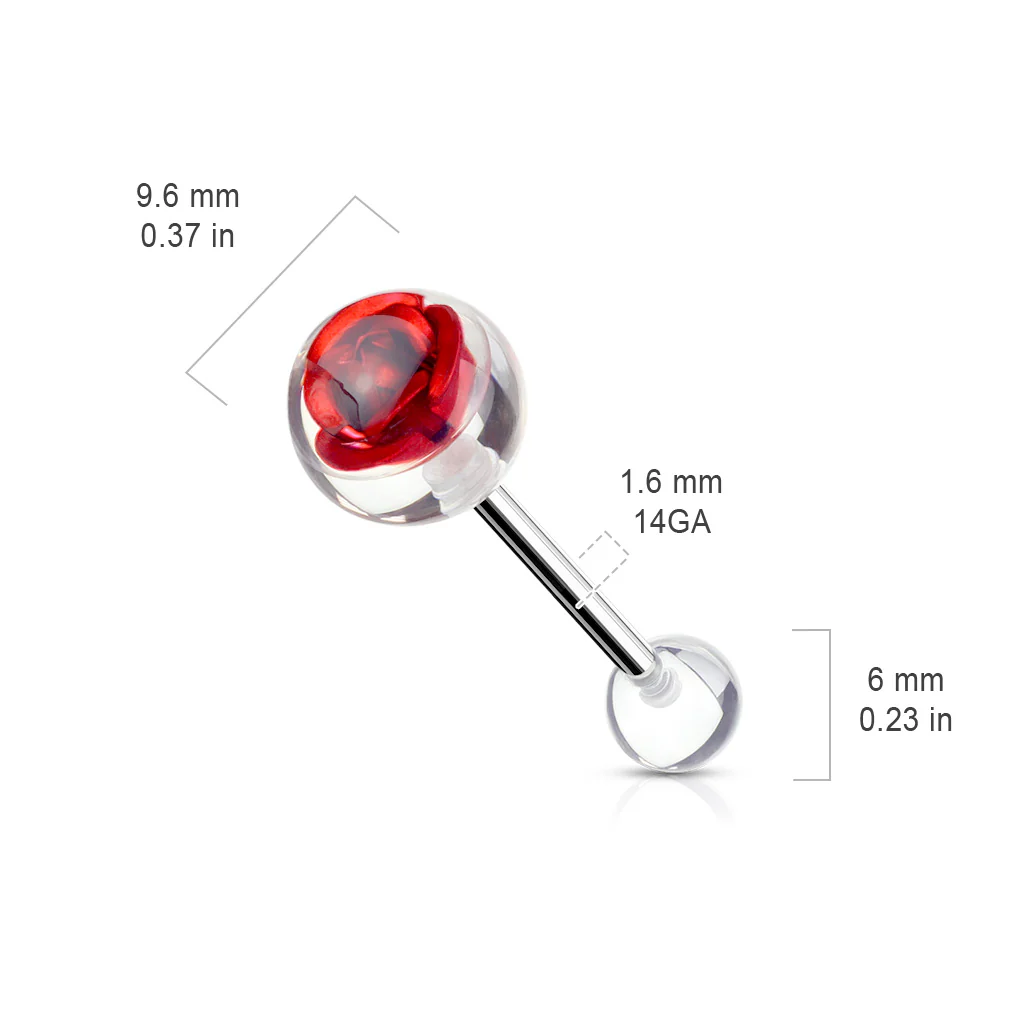 Titanium Purple Rose Embedded In 10 mm Clear Ball Barbell Tongue Rings - Image 2
