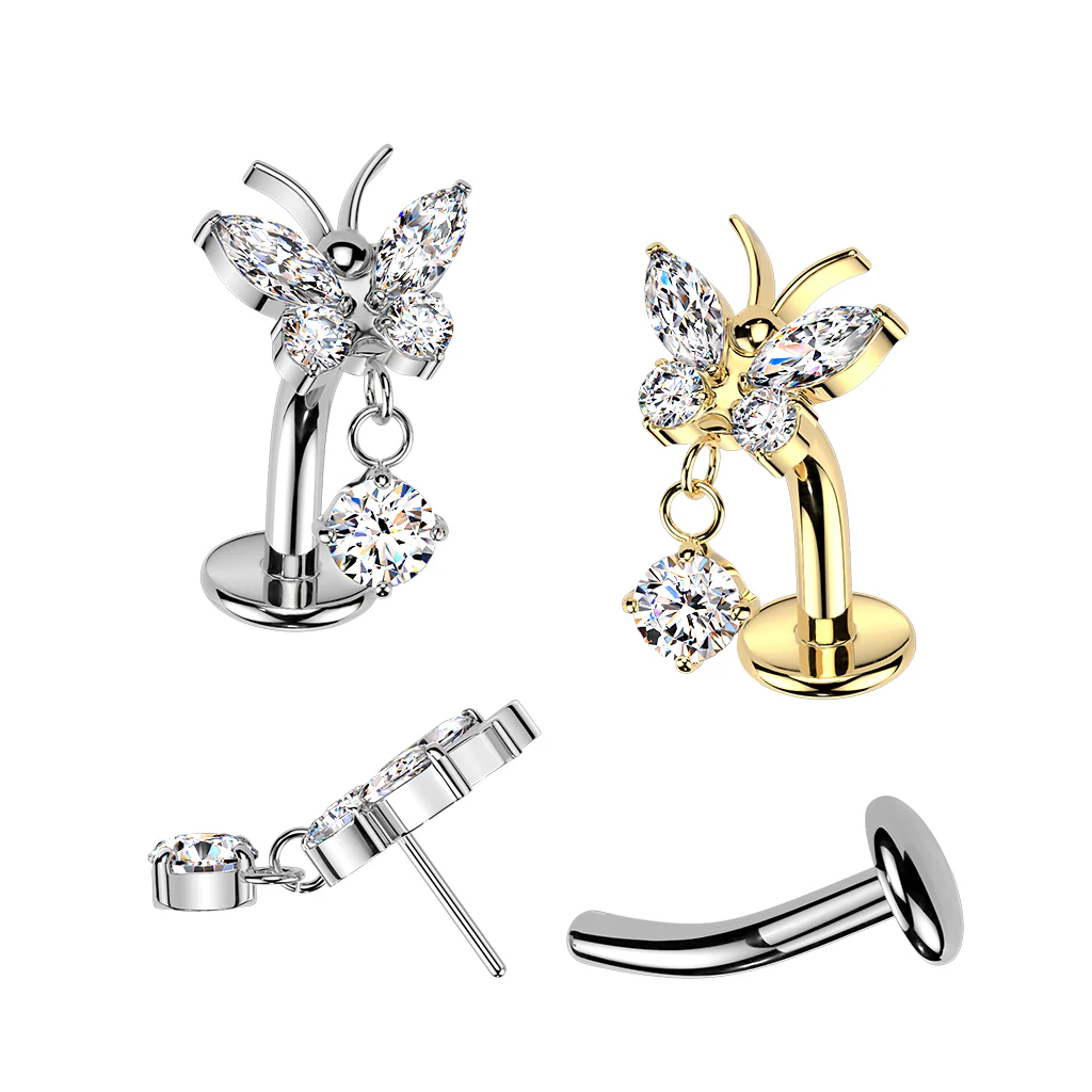 Titanium Threadless Floating Convex Base Butterfly CZ Top Belly Button Ring - Image 4