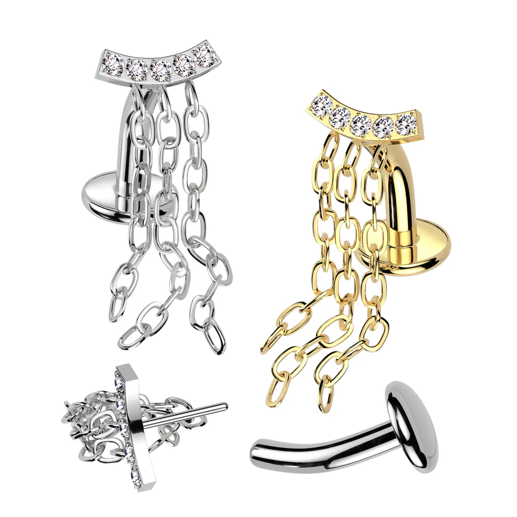 Titanium Threadless Floating Convex Base CNC CZ Chain Top Belly Button Ring - Image 5