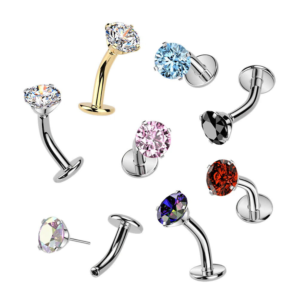 Titanium Threadless Floating Convex Base Prong Set CZ Top Belly Button Ring