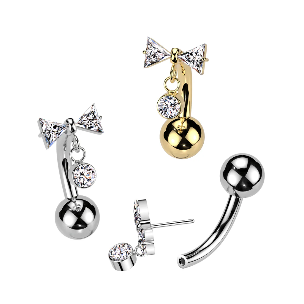 Titanium Threadless Push In Bowtie & CZ Dangle Eyebrow Ring - Image 3
