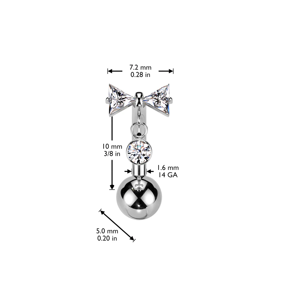 Titanium Threadless Push In Bowtie & CZ Dangle Eyebrow Ring - Image 4