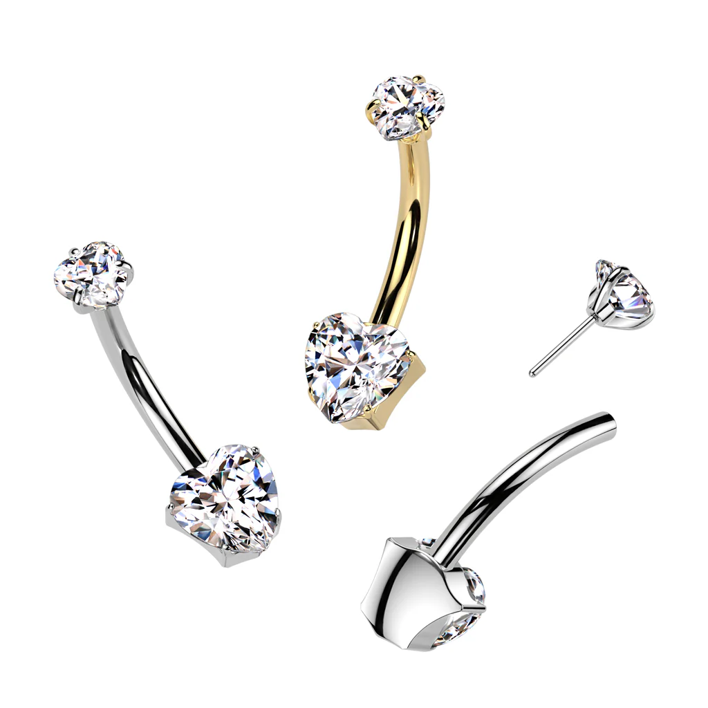 Titanium Threadless Push In Double Heart CZ Belly Button Ring - Image 3