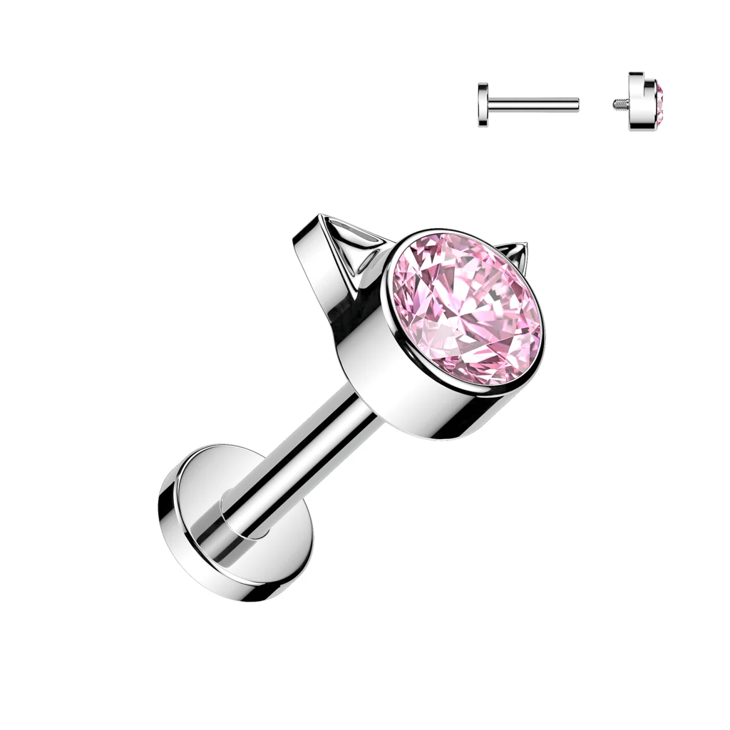 Titanium Internally Threaded Labret With Bezel Set CZ Kitty Top Tragus - Image 4
