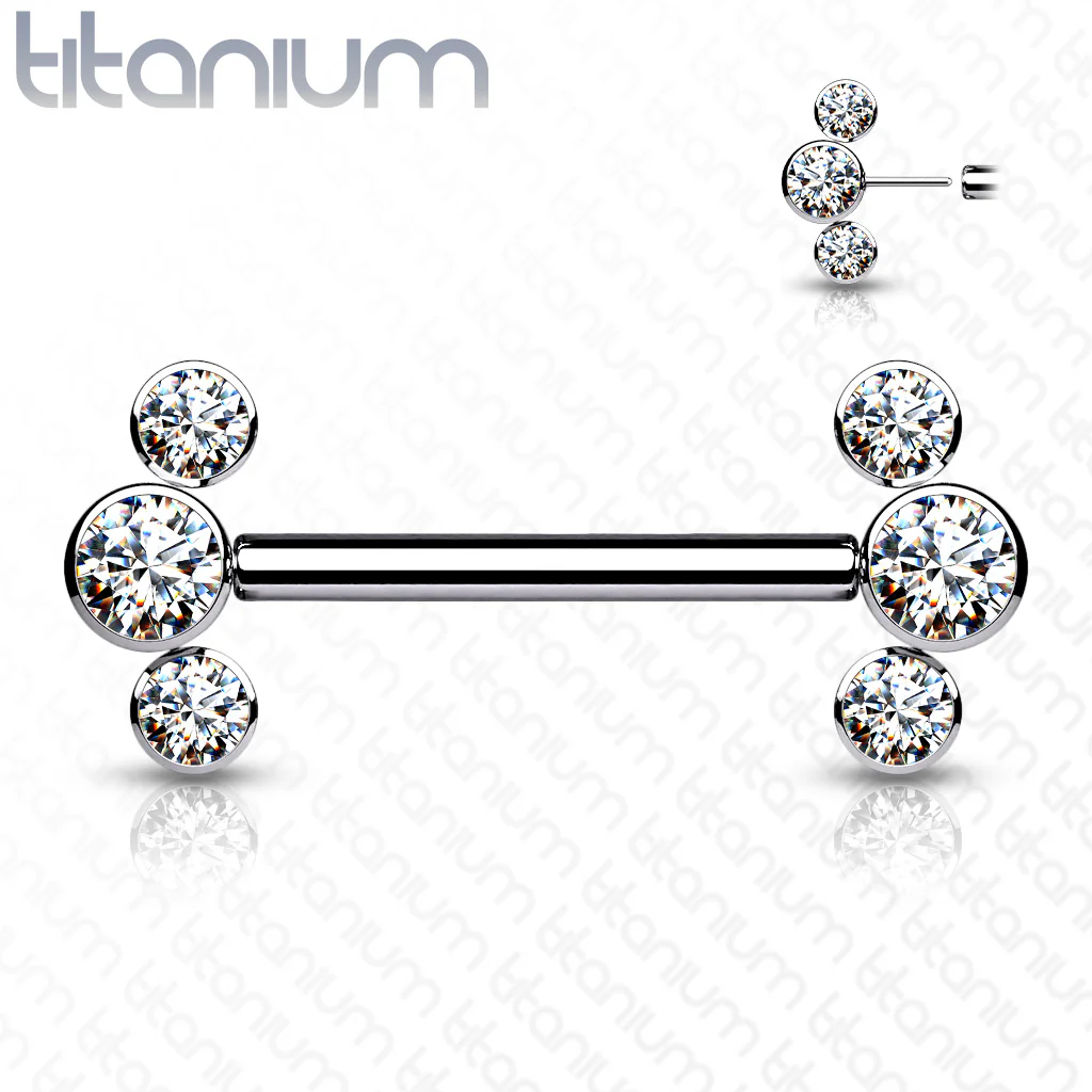Pair Titanium Threadless Push in Nipple Barbell with 3 CZ - Image 3