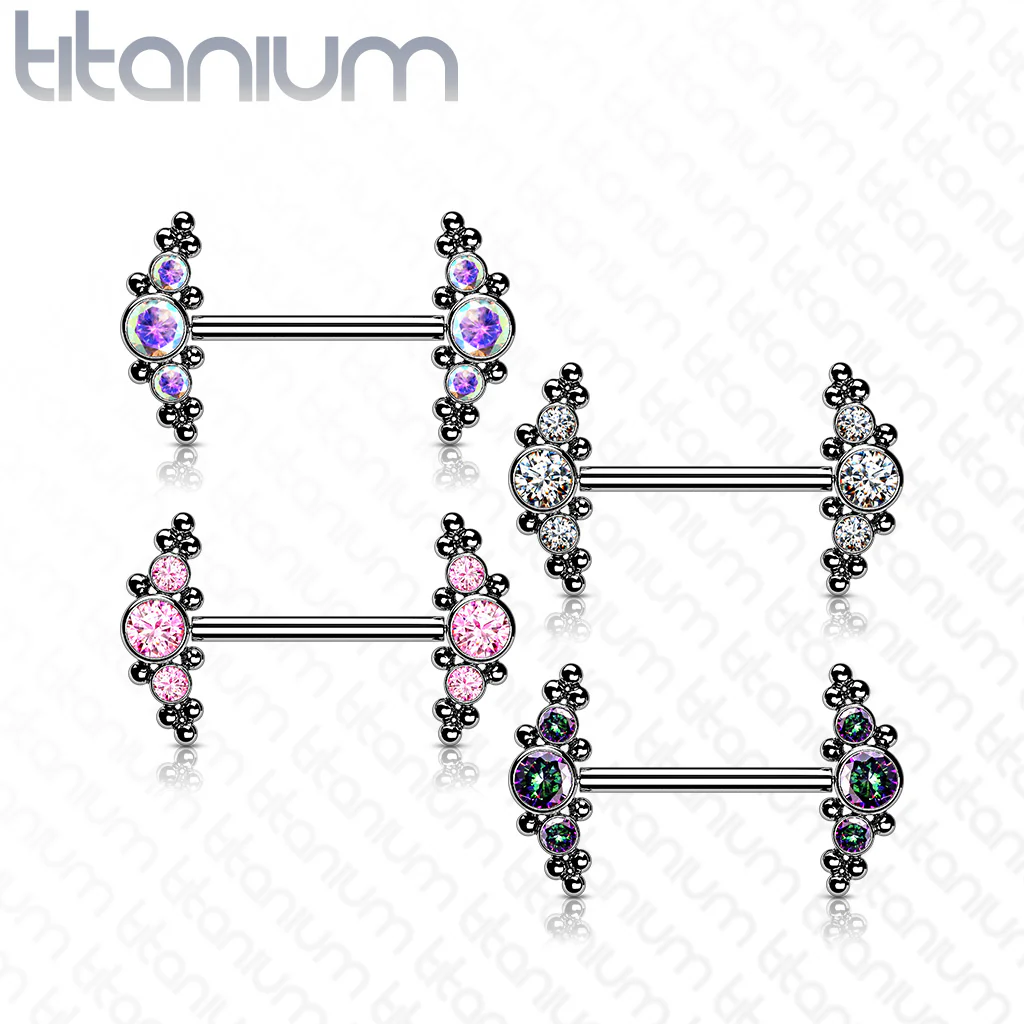 Pair Titanium Threadless Push in Nipple Barbell with CZ Cluster - Image 7