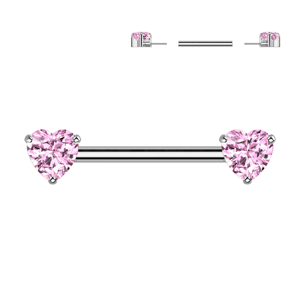 Pair Titanium Threadless Push In Nipple Barbell With Prong Set Heart CZ - Image 3
