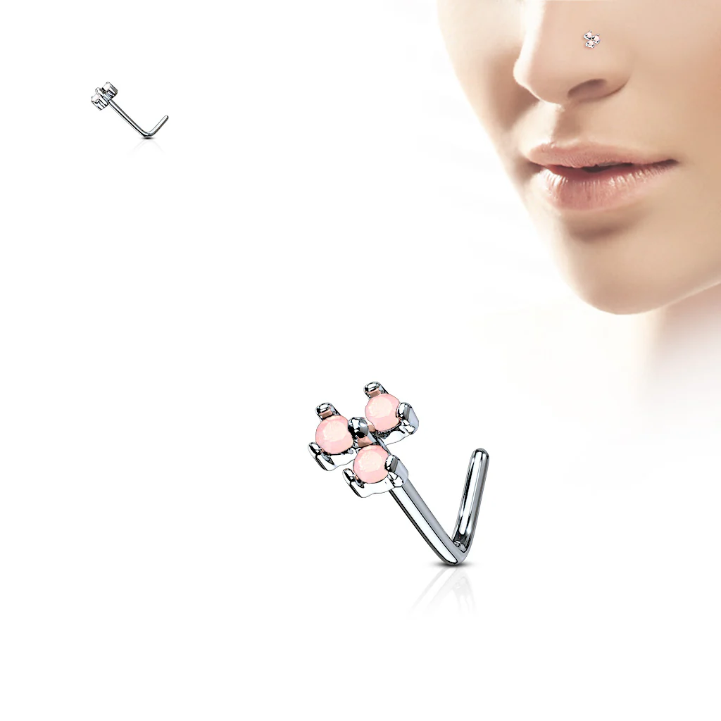 Triple Stone Top Surgical Steel L Bend Nose Stud Rings - Image 3