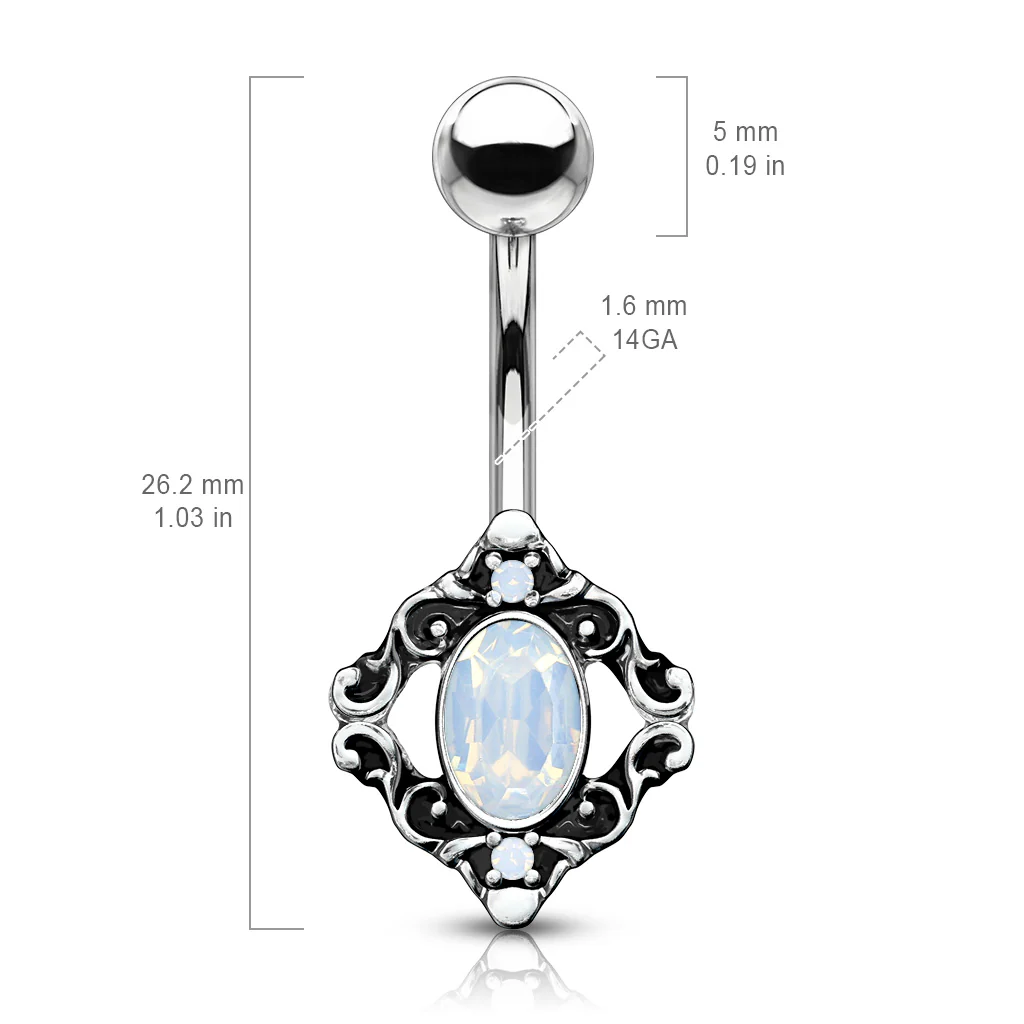 White Opalite Crystal Centered Filigree Square Navel Belly Button Ring - Image 2